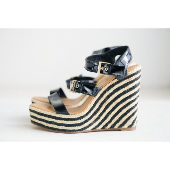 NEW Kate Spade Classic Black PAtent Leather Striped Wedge Espadrilles 10 - Picture 6 of 8